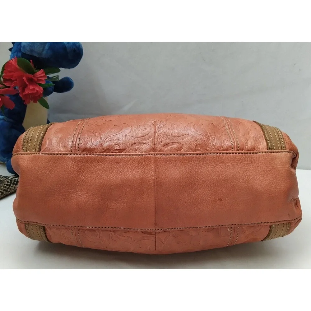 Fossil Orange Leather Floral Double Handles Zipper Closure Satchel Shoulder Bag
